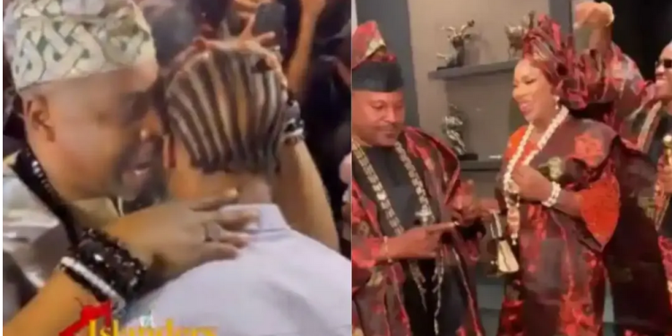 ‘Why rubbing his head like that’: Netizens express concern as MC Oluomo hugs Faithia Balogun’s son (Video)