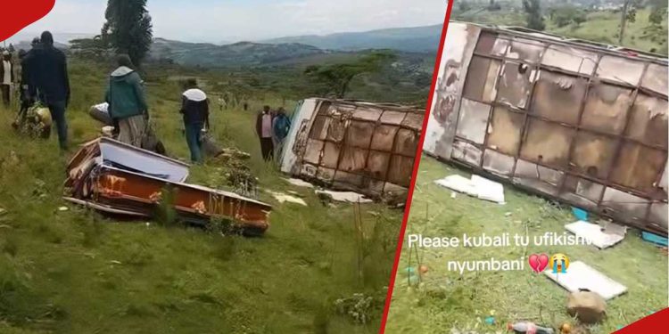 Double tragedy as bus en route to burial overturns leaving coffin destroyed, 1 mourner dead