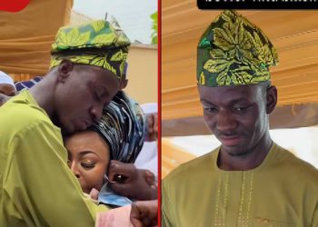 Grateful groom lies prostrate in front of step-mum at wedding, weeps before her